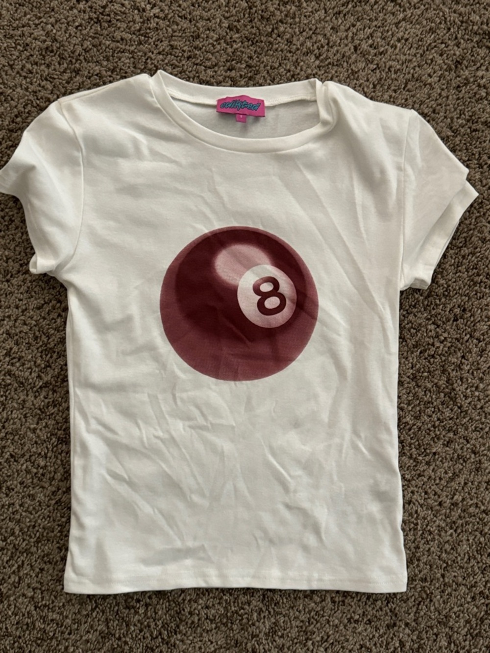 Edikted White Tee with Maroon 8-Ball Graphic